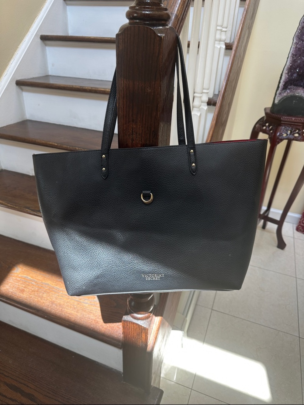 Victoria's Secret Black Pebbled Leather Tote with Gold Accent